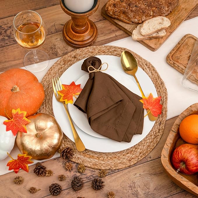 Blue Needles Set of 12 Hemstitch Linen Napkins 100% Cotton Nut Brown Cloth Dinner Napkins 18x18 inches, Soft, Reusable, Absorbent, Washable, Ideal for Fall Thanksgiving Events, Parties & Everyday Use