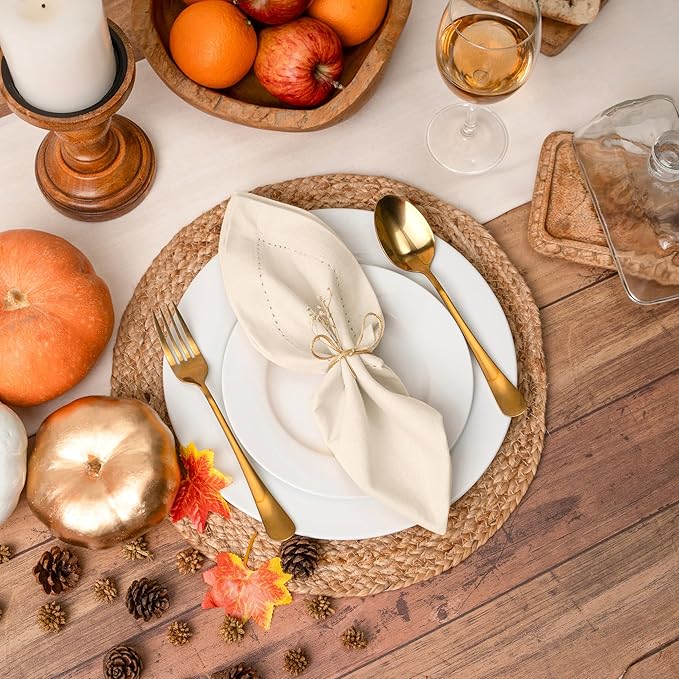 Blue Needles Set of 6 Hemstitch Linen Napkins 100% Cotton Cream Cloth Dinner Napkins 18x18 inches, Soft, Reusable, Absorbent, Washable, Ideal for Fall Thanksgiving Events, Parties & Everyday Use