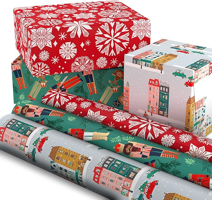 Hallmark Christmas Wrapping Paper with Cutlines on Reverse (3 Rolls: 120 Sq. Ft. Total) Winter City Scene, Rustic Snowflakes on Red, Nutcrackers with Foliage