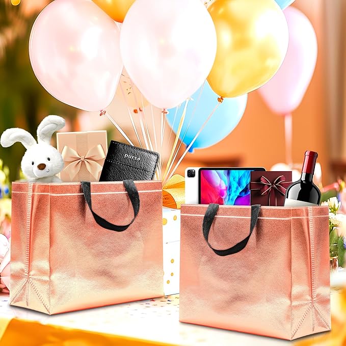 KeerxunBag 12Pcs Reusable Gift Bags（Includes Tissue Paper） Gift bag with handle Birthdays Parties Holidays Weddings Medium 13x5x11in Rose Gold Bags