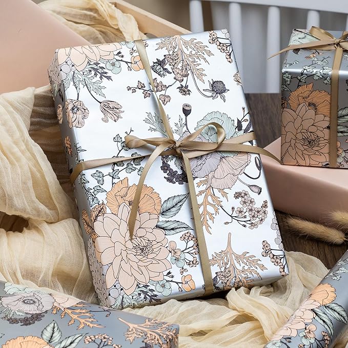 MAYPLUSS Floral Wrapping Paper Roll - 17Inch x 33Feet - Luxury Girly Vintage Flower Pattern Wedding Shower Gift Wrap Paper for Bridal Shower, Girl Birthday, Mother's Day, Engagement and Party