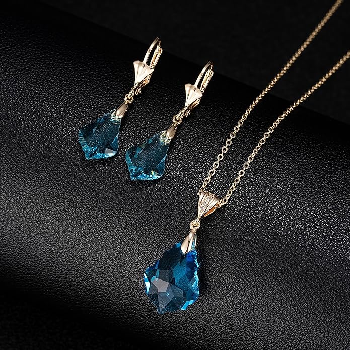 EVEVIC Austrian Crystals Baroque Pendant Necklace Earrings for Women 14K Gold Plated Hypoallergenic Leverback Drop Dangle Earrings Jewelry Set