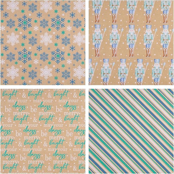 RUSPEPA Christmas Kraft Wrapping Paper - Nutcracker Soldier, Snowflake, Stripe and Text Design - 4 Rolls - 30 inches x 10 feet per Roll