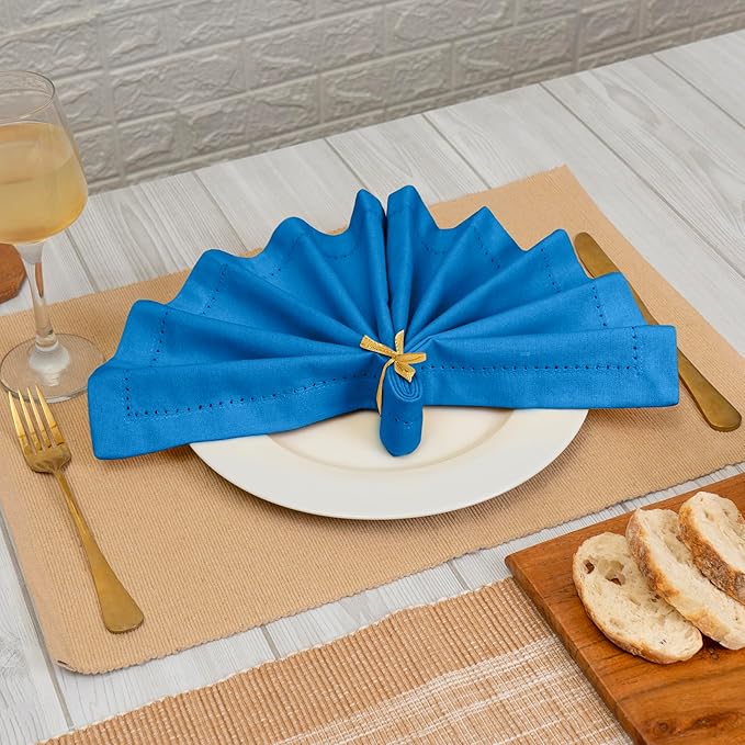 Blue Needles Set of 12 Hemstitch Linen Napkins 100% Cotton Royal Blue Cloth Dinner Napkins 18x18 inches, Soft, Reusable, Absorbent, Washable, Ideal for Fall Thanksgiving Events, Parties & Everyday Use