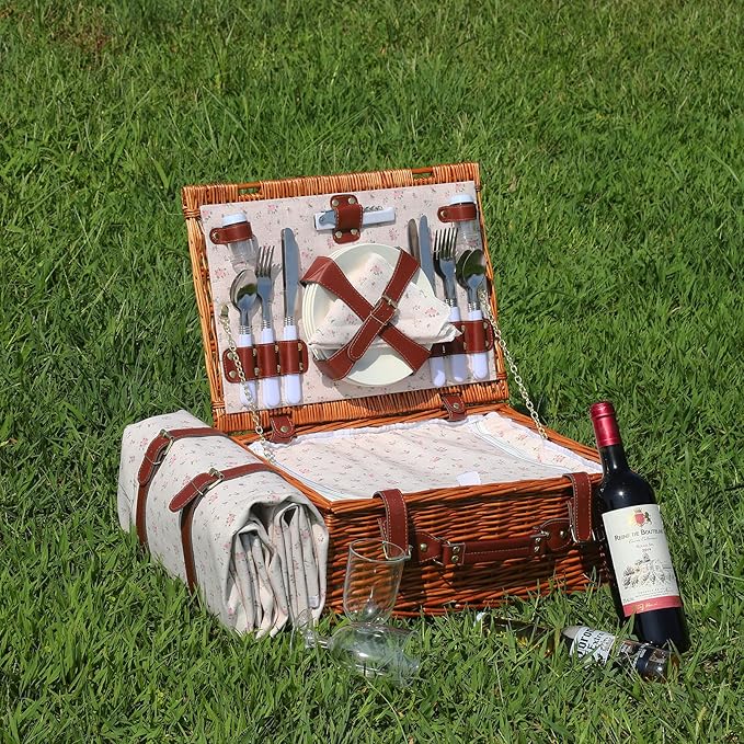 Picnic Baskets Wicker Willow Picnic Set for 4 Persons with Insulated Cooler Bag and Waterproof Picnic Blanket