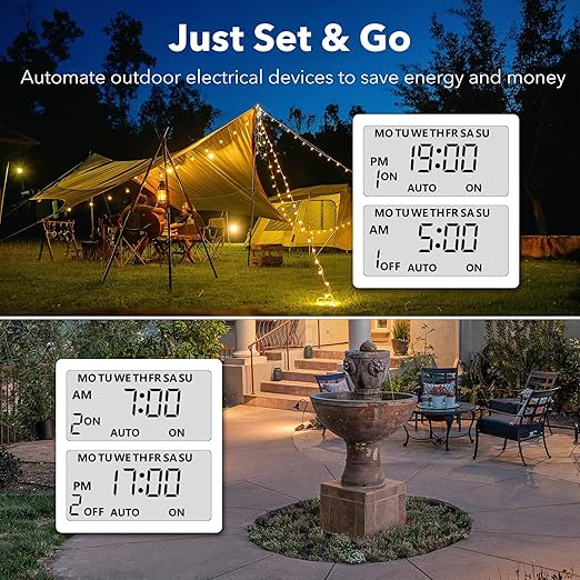 BN-LINK 7 Day Outdoor Heavy Duty Digital Programmable Timer, Outdoor Timer Outlet Waterproof, 2 Grounded Electrical Outlets for Christmas Lights, ETL Listed（2 Pack）