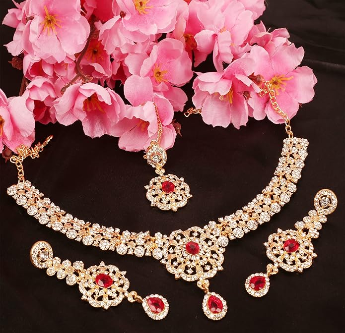 Touchstone Indian jewelry sets for women gold wedding tikka necklace set guest costume fancy bridal jewellery rhinestone crystal elegant formal prom evening wear dainty accessories