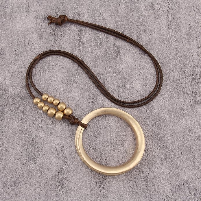 Boho Leather Necklace Women Bohemian Brown Circle Pendant Necklace Choker Long Necklaces for Women Boho Ring Large Pendant