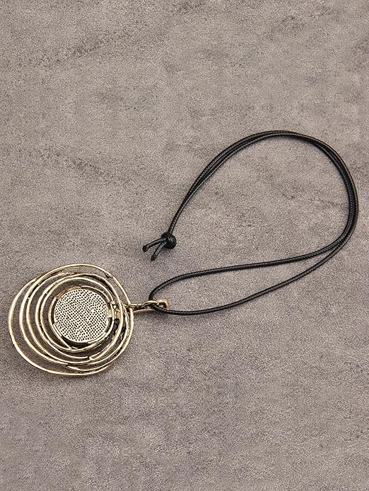 GelConnie Boho Necklaces for Women Vintage Silver Circles Long Pendant Necklace Cowgirl Sweater Necklace Adjustable Leather Choker Necklace for Women