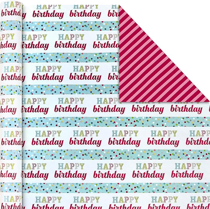 Hallmark Birthday Wrapping Paper Rolls - Colorful Gift Wrap Paper, Flowers, Cupcakes, Striped, Polka Dots (Set of 3 Reversible Rolls: 75 sq. ft. ttl.)