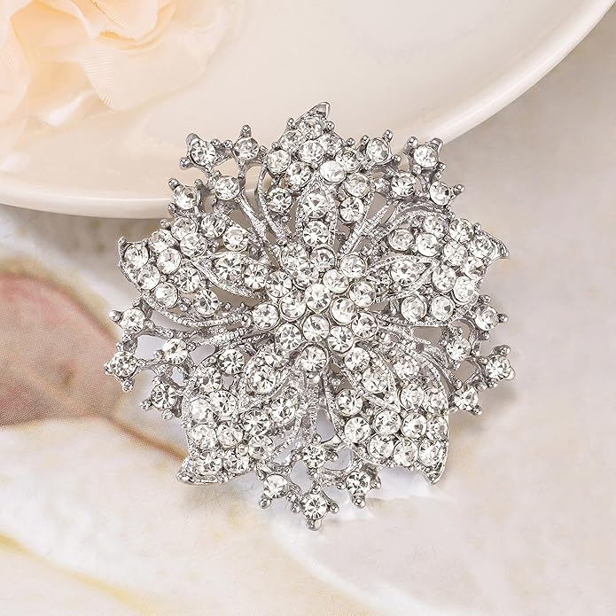 Womens Flower-shape Statement Brooch Pin Crystal Brooch for Women