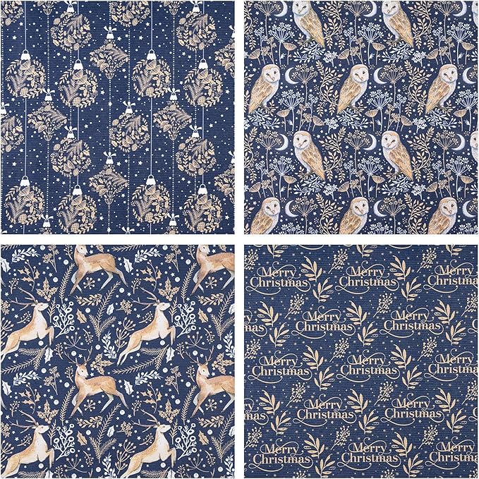 RUSPEPA Christmas Kraft Wrapping Paper Roll - Blue Owl, Reindeer, Christmas Ball and Text Design - 17 inches x 10 feet per Roll, Total of 4 Rolls