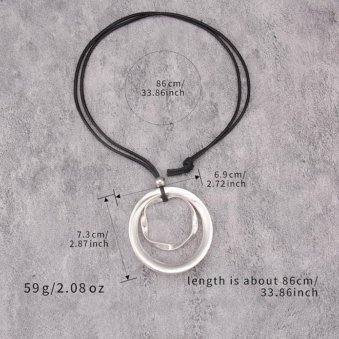 Boho Leather Necklace Women Bohemian Brown Circle Pendant Necklace Choker Long Necklaces for Women Boho Ring Large Pendant