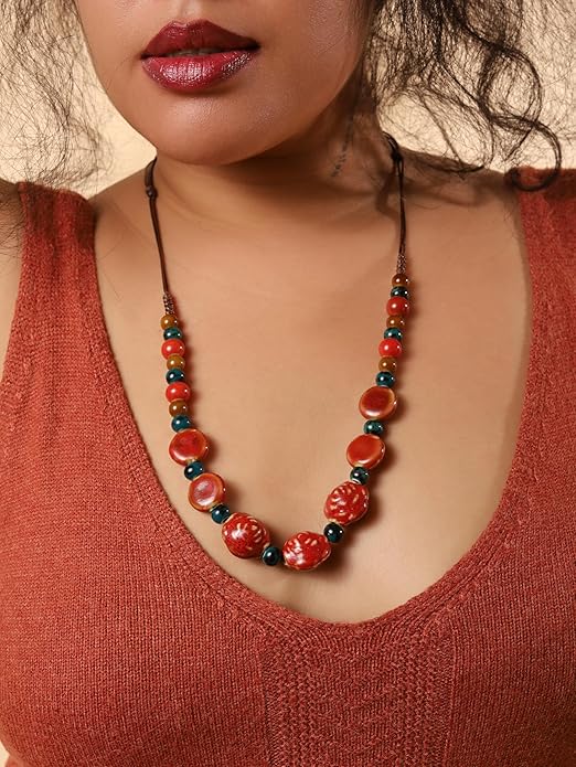 MINACHI Boho Hippie Round Ceramic Beads Strand Necklace, Vintage Bohemian Summer Beach Jewelry Gift for Women