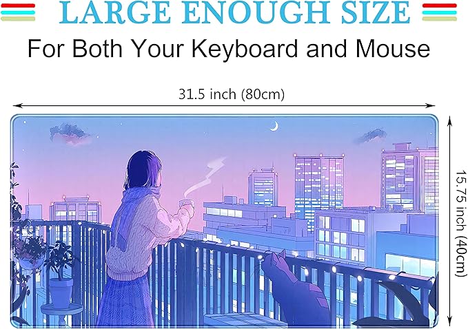Purple Anime Kawaii Desk Mat Mousepad Cute Cat XXL Large Gaming Japanese Girly Aesthetic Mouse Pad Tokyo Street Desk Mat 31.5x15.75 in, Girl Gamer Desktop Mat Computer Laptop Keyboard Mouse Mat