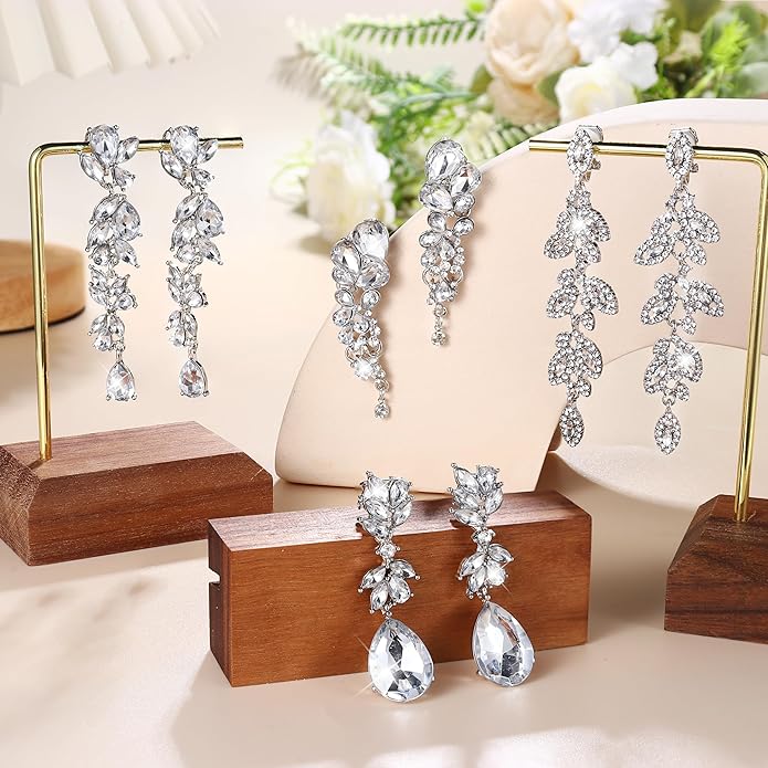 Jstyle 4 Pairs Silver Clip on Earrings for Women Elegant Rhinestone Clip on Earrings Dangle Drop for Brides Bridesmaids Non Pierced Earrings Set