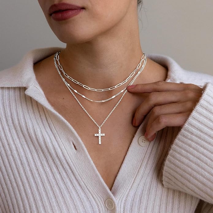 Layered Gold Necklaces for Women, Stackable Dainty 14K Gold Silver Plated Trendy Simple Heart Diamond Cross Bow Circle Pendant Paperclip Choker Dot Chain Necklace,Jewelry Set Gifts for Women