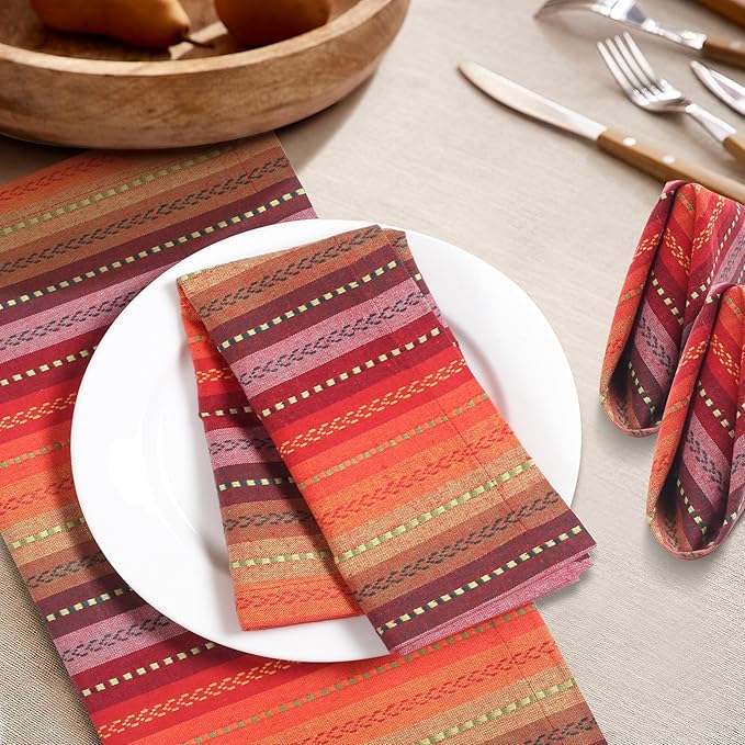 Homidate Cotton Cloth Dinner Napkins Set of 12 – 18x18 Salsa Red Multi Stripes – Reusable Machine Washable Fabric Napkins for Weddings, Events, Restaurants & Daily Dining