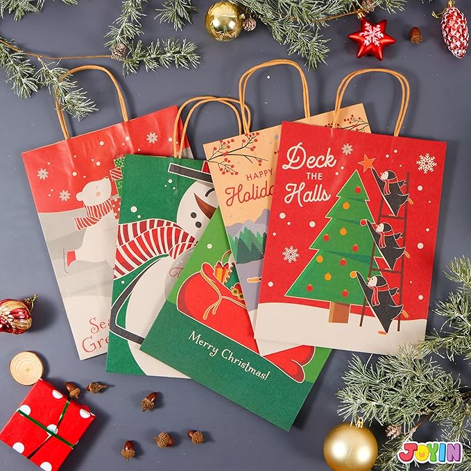 JOYIN 24 Pcs Christmas Kraft Gift Bags with Twine Handles, 10'' X 13'' X 5'' Large Xmas Goodie Goody Treat Bags for Holiday Present Wrapping, Christmas Decorations, Party Supplies Decor
