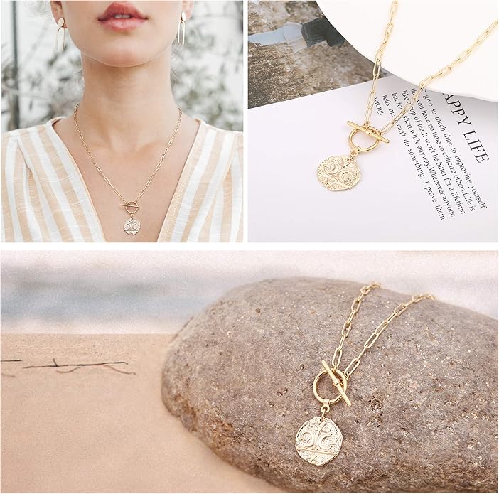 Aobei Pearl 18K Gold Plated Moon Star Lion Evil Eye Love Heart Cross Pendant Necklace Medallion Paperclip Chian Choker Layering Jewery for Women
