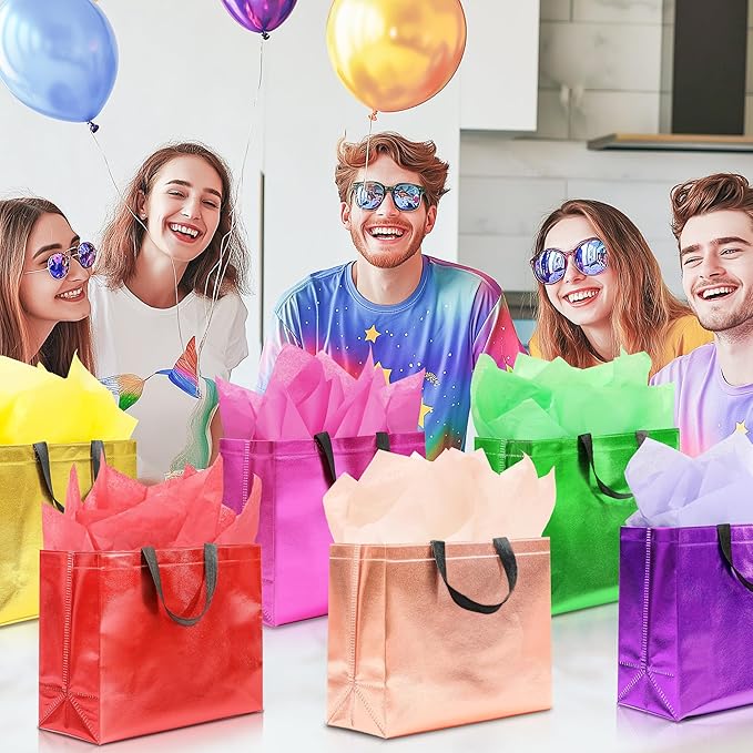 KeerxunBag 12Pcs Reusable Gift Bags（Includes Tissue Paper） Gift bag with handle Birthdays Parties Holidays Weddings Medium 13x5x11in colorful Gift Bags
