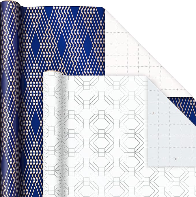 Hallmark Metallic Wrapping Paper Bundle with Cutlines on Reverse (6 Rolls: 210 Square Feet Total) Navy, Gold, Silver and White for Birthdays, Weddings, Graduations, Hanukkah, Christmas