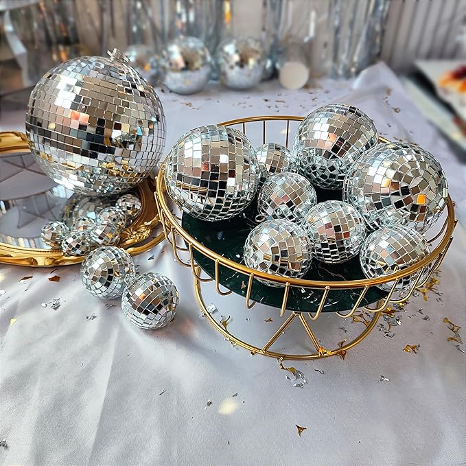 54 Pcs Disco Ball Hanging Decor - Mini Silver Mirror Ball Cake Topper for 74s Themed Party, Wedding, Christmas Supplies