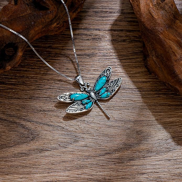 RMREWY Genuine Turquoise Dragonfly Pendant Necklace,925 Sterling Silver Native American Boho Western Pendant Real Gemstone Jewelry Birthdays Gift for Women Dragonfly Lover