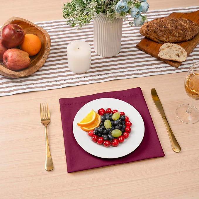 Blue Needles Set of 12 Hemstitch Linen Napkins 100% Cotton Burgundy Cloth Dinner Napkins 18x18 inches, Soft, Reusable, Absorbent, Washable, Ideal for Fall Thanksgiving Events, Parties & Everyday Use