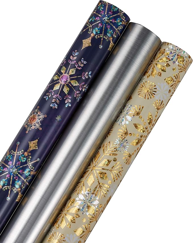 Papyrus Wrapping Paper Rolls for Christmas, Hanukkah, and All Holidays, Snowflakes Print and Metallic Silver (3 Rolls, 62.5 sq. ft.)