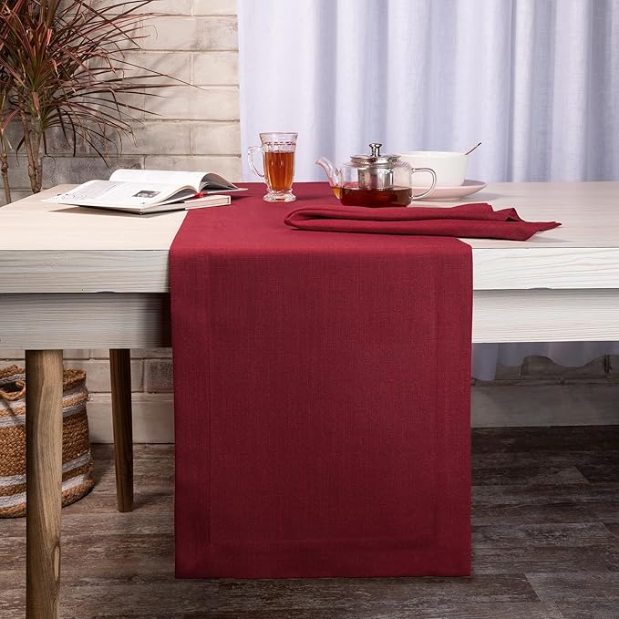 D'Moksha Homes Red Table Runner 14 x 48 Inch - Faux Linen Coffee Table Runner - Wrinkle Resistant, Machine Washable Ideal for Dresser, Fall, Thanksgiving, Christmas, Holiday - 100% Recycled Fabric