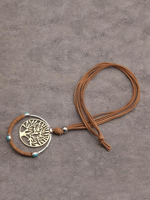 GelConnie Boho Necklaces for Women Vintage Silver Circles Long Pendant Necklace Cowgirl Sweater Necklace Adjustable Leather Choker Necklace for Women