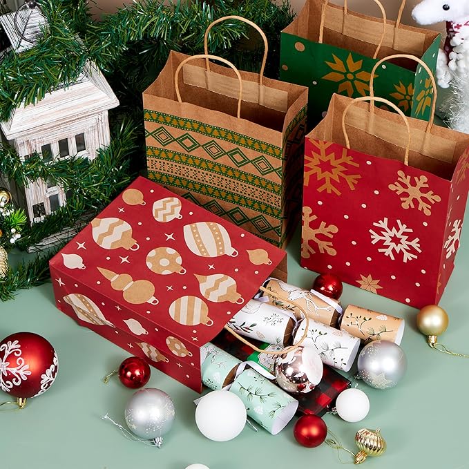 JOYIN 24 PCS Christmas Kraft Bags Holiday Paper Goody Gift Bags with Handles for Xmas Gifts Wrapping Party, Giant Gifts Decorations, Classrooms and Party Favors (Red+Green, 9" x 7.3" x 3.3")