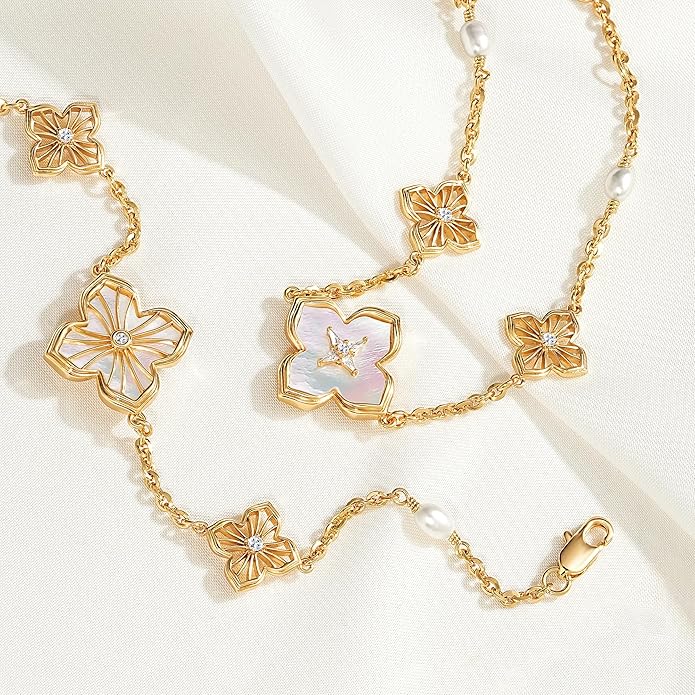 FETERO Gold Bracelets for Women Trendy, Dainty 14K Gold Plated Charm Clover Bracelet 2 Sided Lucky Pendant Cute Pearl Beaded Bracelets Link Chain Waterproof Womens Jewelry Gifts