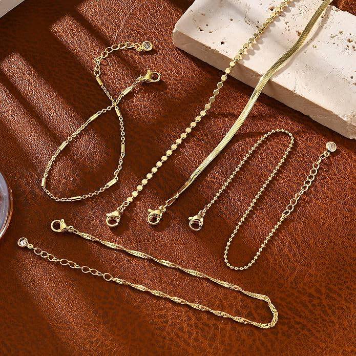 Gold Bracelets for Women, 14K Gold Plated Stackable Bracelet Stack Set Adjustable Charm Paperclip Chain Snake Link Layered Waterproof Jewelry Sets Gifts