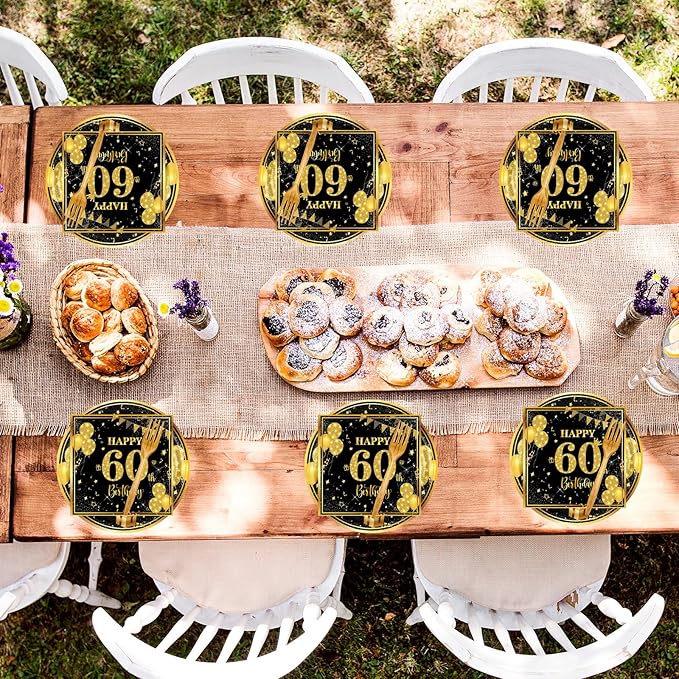 60th 7 inch Birthday Party Paper Plates and Napkins Forks 60 pcs Black Gold Decorations for Boys Girls Tableware Set for Birthday Anniversary Party Supplies,Serve 20