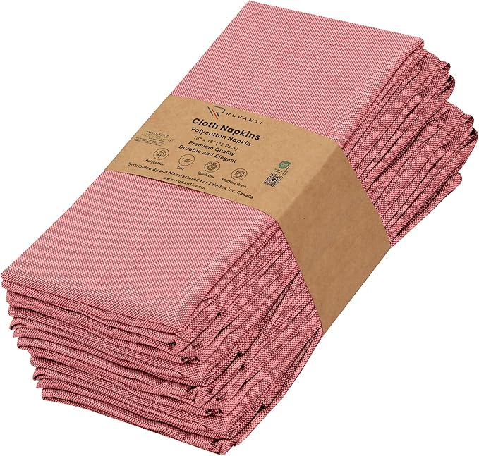 Ruvanti Cloth Napkins Set of 12, 18x18 Reusable Napkins Cloth Washable, Soft & Durable Table Napkin, Poly Cotton Fabric Dinner Napkins for Parties, Christmas, Thanksgiving, Weddings -Flame Scarlet