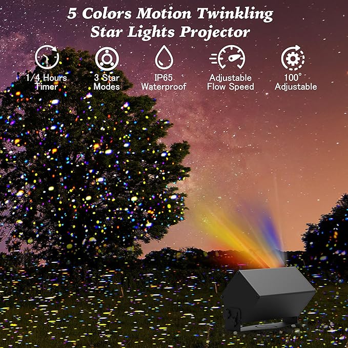 Outdoor Christmas Laser Lights Projector, AIRIVO Fixed 5 Colors Motion FairyLights, Twinkling Star Projector Firefly Lights with Remote Control for Trees, Home, Garden, Patio