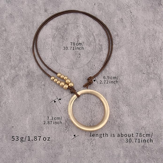 Boho Leather Necklace Women Bohemian Brown Circle Pendant Necklace Choker Long Necklaces for Women Boho Ring Large Pendant