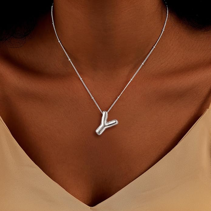 Inerney Valentines Day Gifts Gold Bubble Letter Necklace Initial Necklaces for Women, Chunky 14K Plated Balloon Initials, Trendy Charm Non Tarnish Custom Name Pendant Jewelry Gifts for Mom