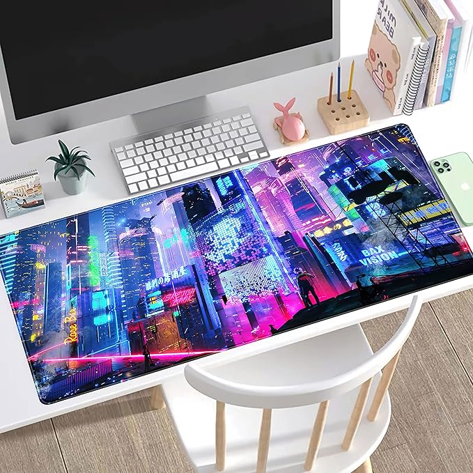 Japanese Street Desk Mat Futuristic Neon City Print Mouse Pad, Exclusive Desk Mats, XXL Large Gaming Mousepad 31.5"x15.75", Office Decor for Women Girls Keyboard Mat Laptop Computer Mat