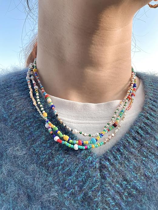 Handmade Bohemian Beaded Necklace for Women - Adjustable Layered Choker with Freshwater Pearls, Multicolor Glass Beads & 14K Gold Plated Stainless Steel, Summer Vacation Jewelry Gift