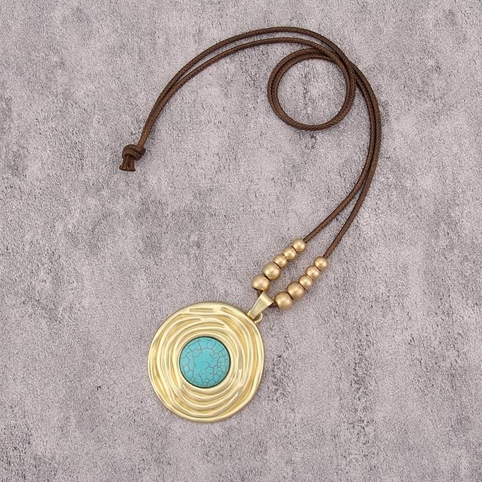 Boho Leather Necklace Women Bohemian Brown Circle Pendant Necklace Choker Long Necklaces for Women Boho Ring Large Pendant