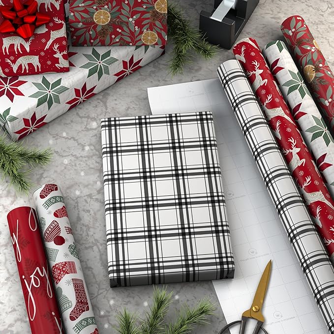Hallmark Recycled and Recyclable Christmas Wrapping Paper Rolls with Cutlines on Reverse (6 Rolls: 150 Sq. Ft. Total) Deer, Mittens, Citrus with Pinecones, Red and Green Quilt