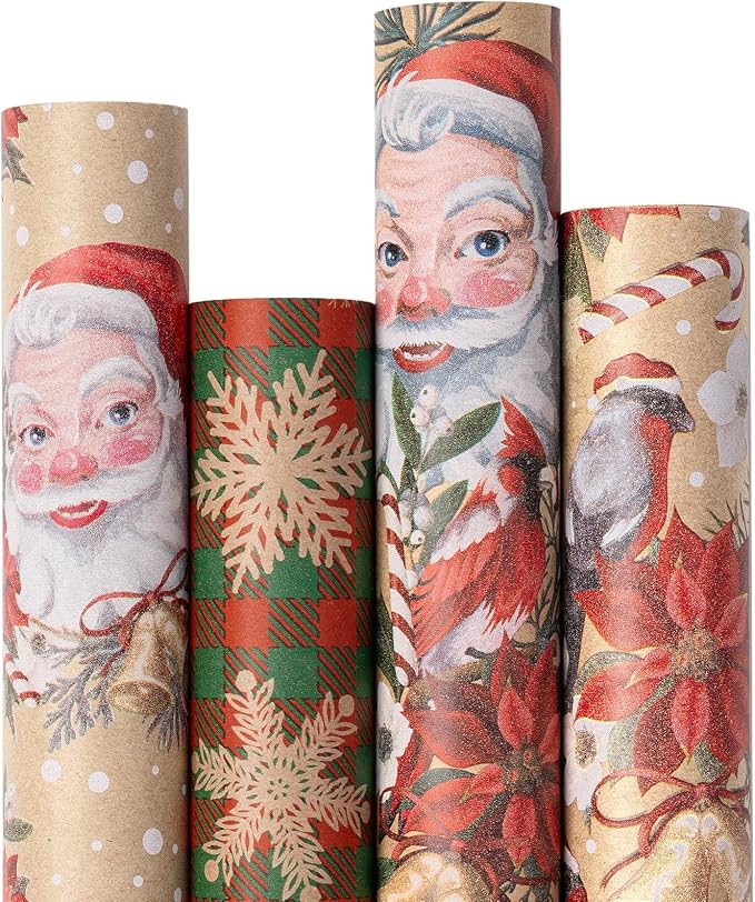 RUSPEPA Kraft Christmas Wrapping Paper Set, Jumbo Roll, Vintage Santa, Bird, Poinsettia,and Gold Snowflake Plaid Design, Kraft Gift Wrap for Christmas, Holiday, 4 Rolls, 30 Inches x 10 Feet per Roll