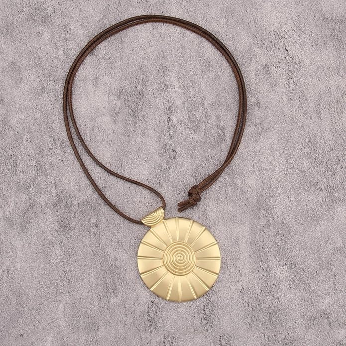 Boho Leather Necklace Women Bohemian Brown Circle Pendant Necklace Choker Long Necklaces for Women Boho Ring Large Pendant