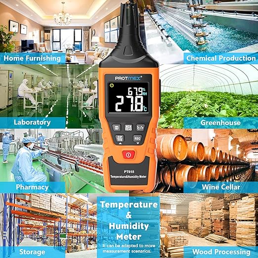 Protmex PT618 Temperature Humidity Meter, Thermometer Hygrometer Monitor with Ambient, Dew Point, Wet Bulb for Indoor/Outdoor MIN, MAX, Data Hold, LCD Backlight