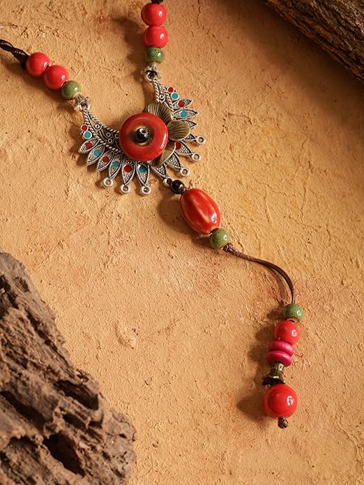 MINACHI Vintage Bohemian Colorful Ceramic Bead Antique Flower Y Necklace, Vintage Boho Hippie Statement Jewelry Gift for Women