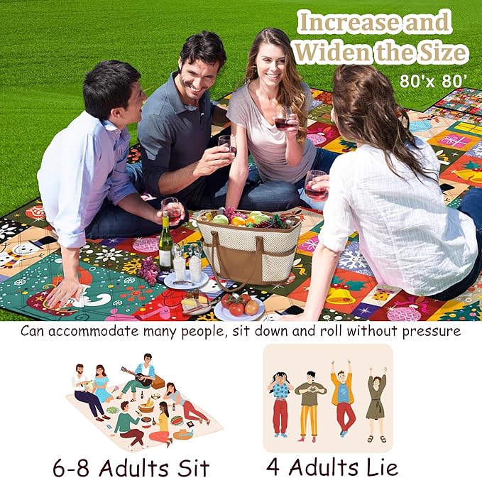Poedist Extra Large Picnic Blanket Waterproof,80"x 80"Foldable Machine Washable Beach Blanket,Outdoor Blanket for 6-8 Adults,Suitable for Crawling,Park Beach,Camping,Hiking,Family, Christmas