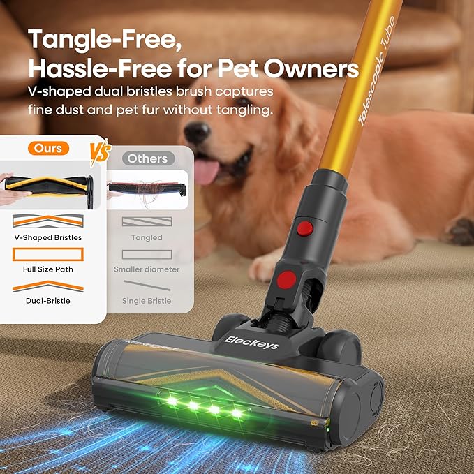 ElecKeys Cordless Vacuum Cleaner, 600W 50KPA 70Mins Self-Standing Vacuum Cleaners for Home, Stick Vacuum with Touch Screen, Anti-Tangled Vacuum Cordless for Pet Hair, Floors, Carpets, Gold
